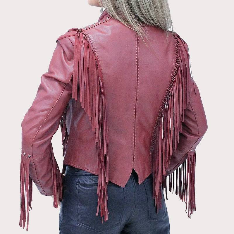 Burgundy Fringed Leather Jacket image 3