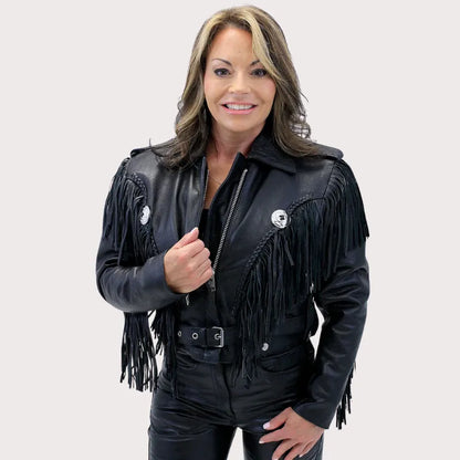 Ladies Cropped Leather Jacket With Fringe image 0