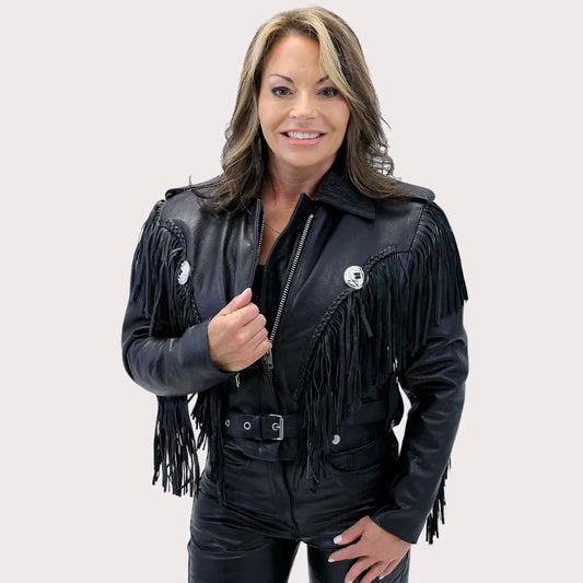 Ladies Cropped Leather Jacket With Fringe image 0