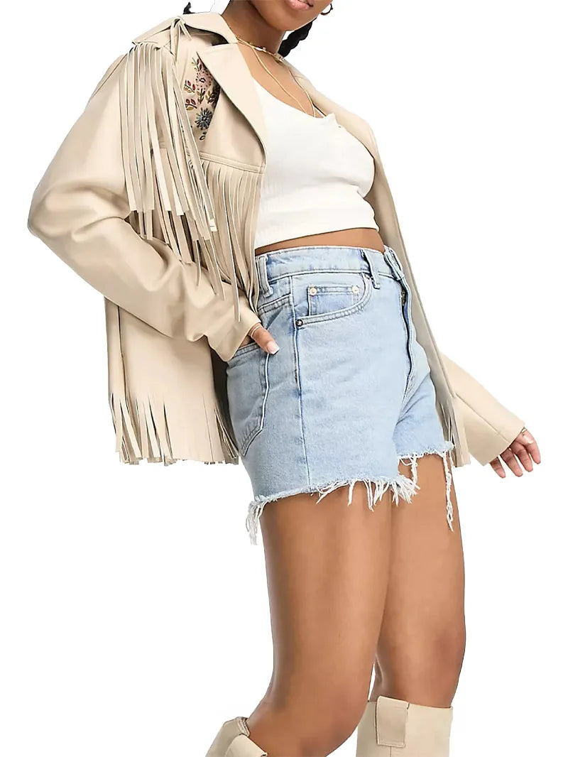 Women embroidered fringe leather jacket image 3