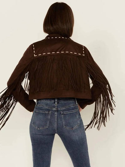 Women's Suede Leather Contrast Stitch Fringe Jacket image 1