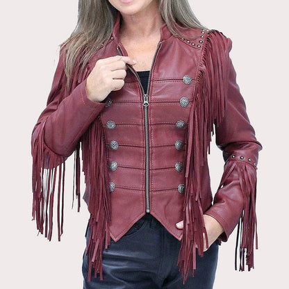 Burgundy Fringed Leather Jacket image 0