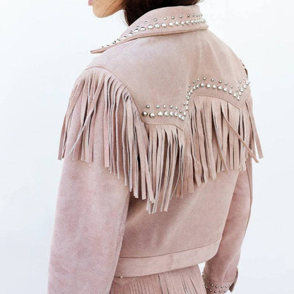 Women Studded Fringe Leather Jacket image 2