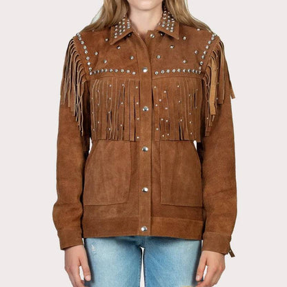 BROWN STUEDDED FRINGE LEATHER JACKET image 0