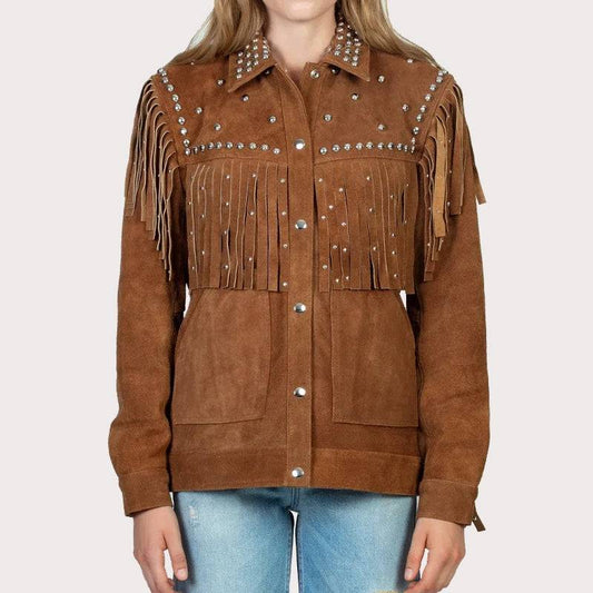 BROWN STUEDDED FRINGE LEATHER JACKET image 0