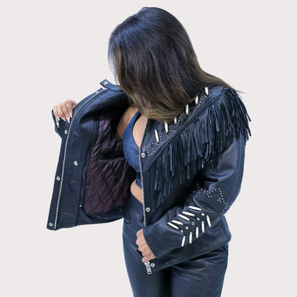 Bone Studded Fringe Leather Jacket image 2