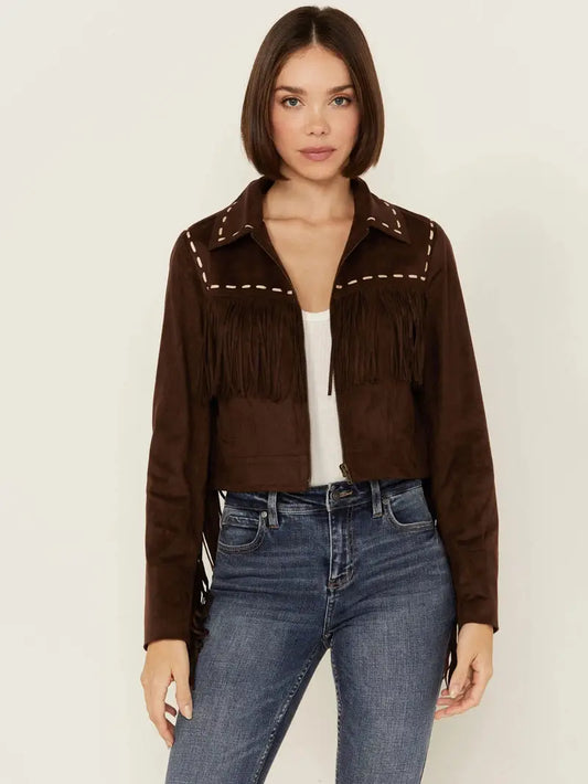Women's Suede Leather Contrast Stitch Fringe Jacket image 0