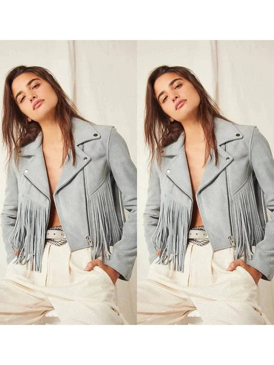 Women Suede Fringe Jacket - Grey image 0