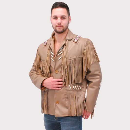 Western Brown Leather Jacket With Fringe & Bone Beading image 0