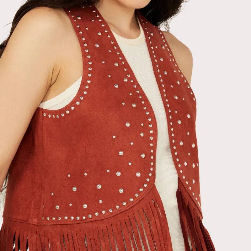 Rock & Roll Denim Women's Faux Suede Studded Fringe Vest image 2