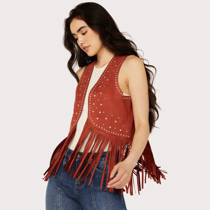 Rock & Roll Denim Women's Faux Suede Studded Fringe Vest image 1