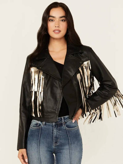 Women's Sparks Studded Thunderbird Fringe Leather Jacket image 0