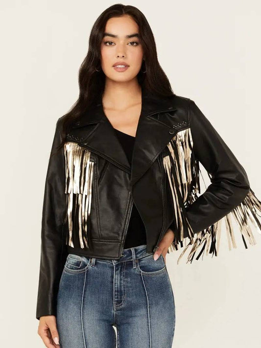 Women's Sparks Studded Thunderbird Fringe Leather Jacket image 0