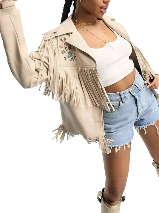 Women embroidered fringe leather jacket image 0