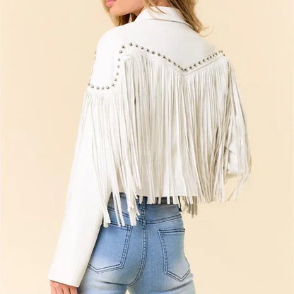 Women Fringe Stud Leather Jacket image 3