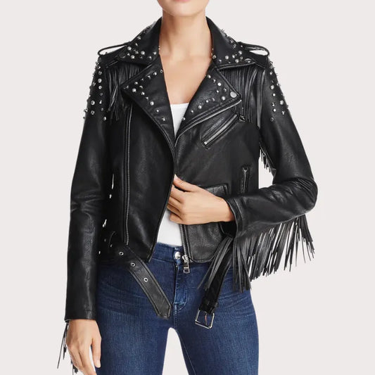Women Black Studded Biker Leather Jacket image 0