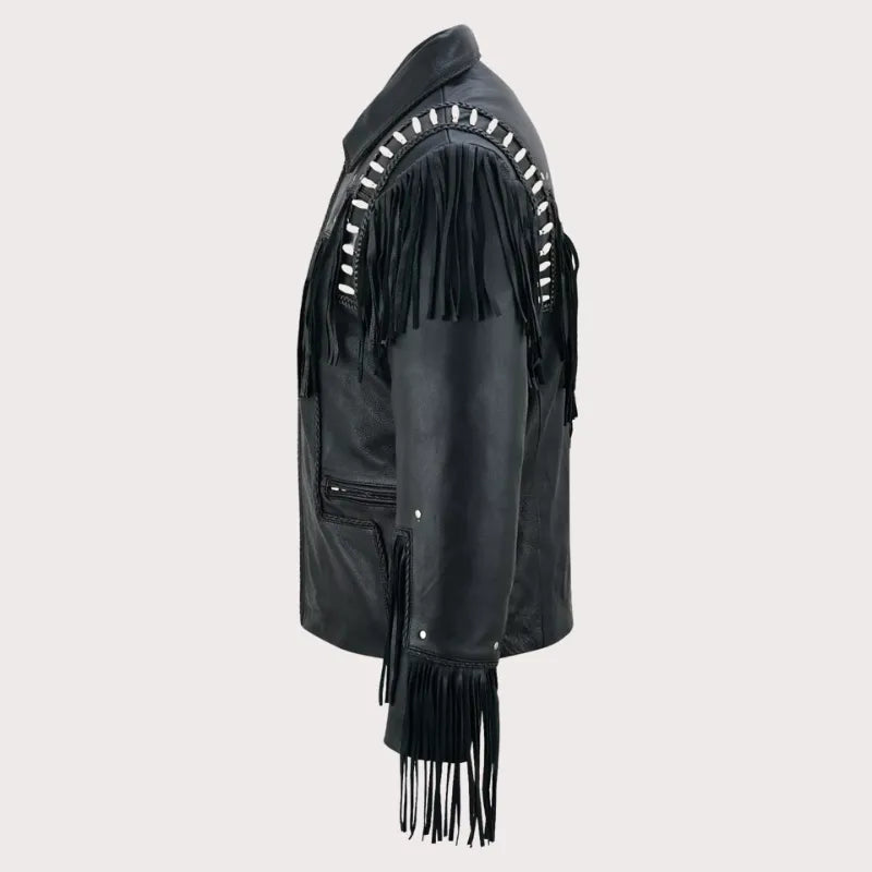 Men Black Studded Fringes White Beads Leather Jacket image 2
