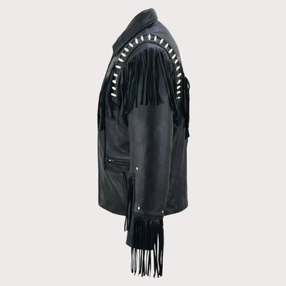 Men Black Studded Fringes White Beads Leather Jacket image 2