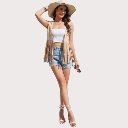 Women's Fringe Vest 70s Hippie Faux Suede Rivets Sleeveless Fringe Jacket image 3