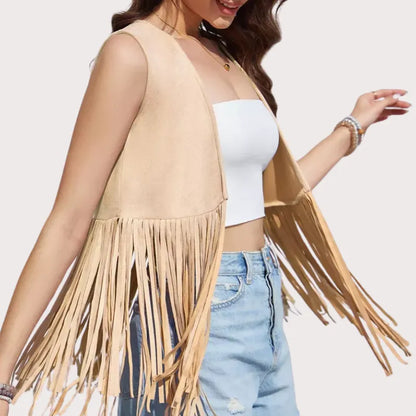 Women's Fringe Vest 70s Hippie Faux Suede Rivets Sleeveless Fringe Jacket image 2