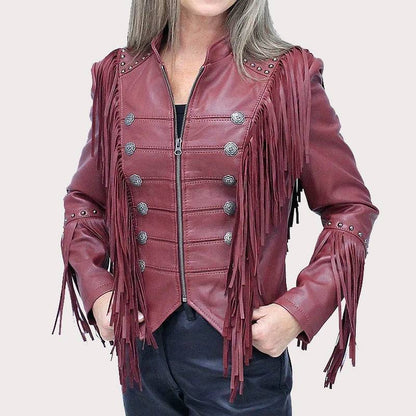 Burgundy Fringed Leather Jacket image 1