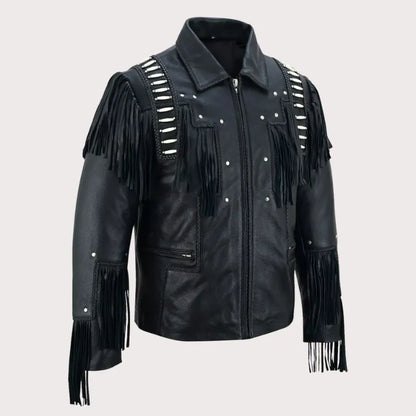 Men Black Studded Fringes White Beads Leather Jacket image 1