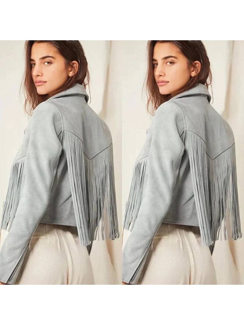 Women Suede Fringe Jacket - Grey image 1