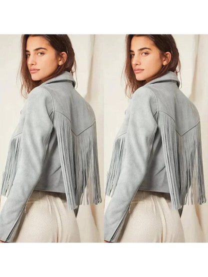 Women Suede Fringe Jacket - Grey image 1