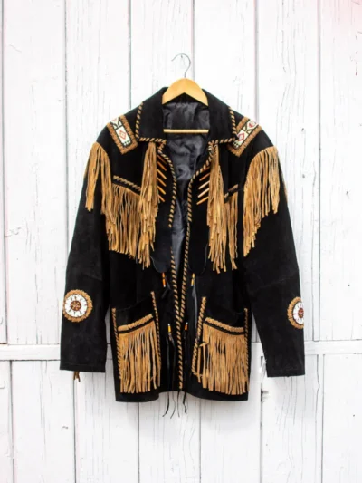 Black Beaded Leather Fringe Jacket