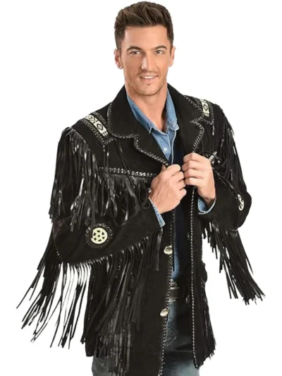 Black Western Coat Mens Leather Button Fringe Jacket (12)
