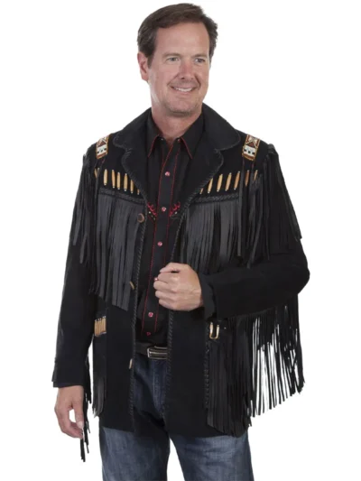 Mens Bone Beaded Fringe Leather Jacket