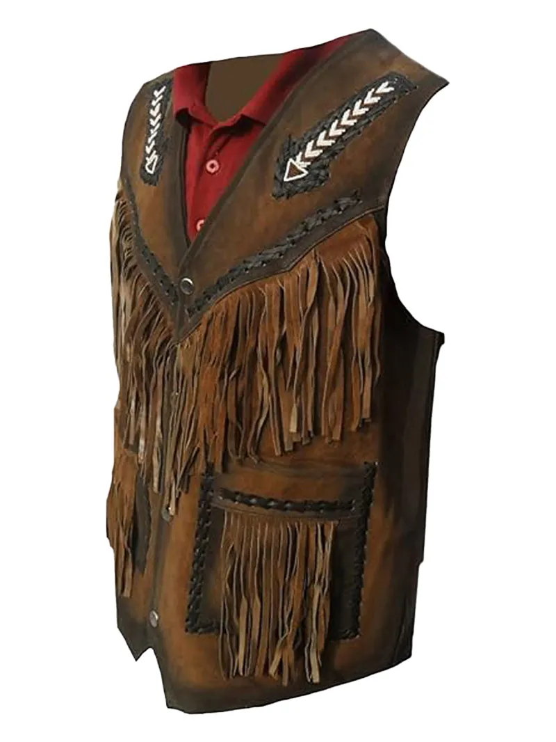 Men’s Western Leather Vest with Fringes (1) Mens Western Fringes Leather Vest