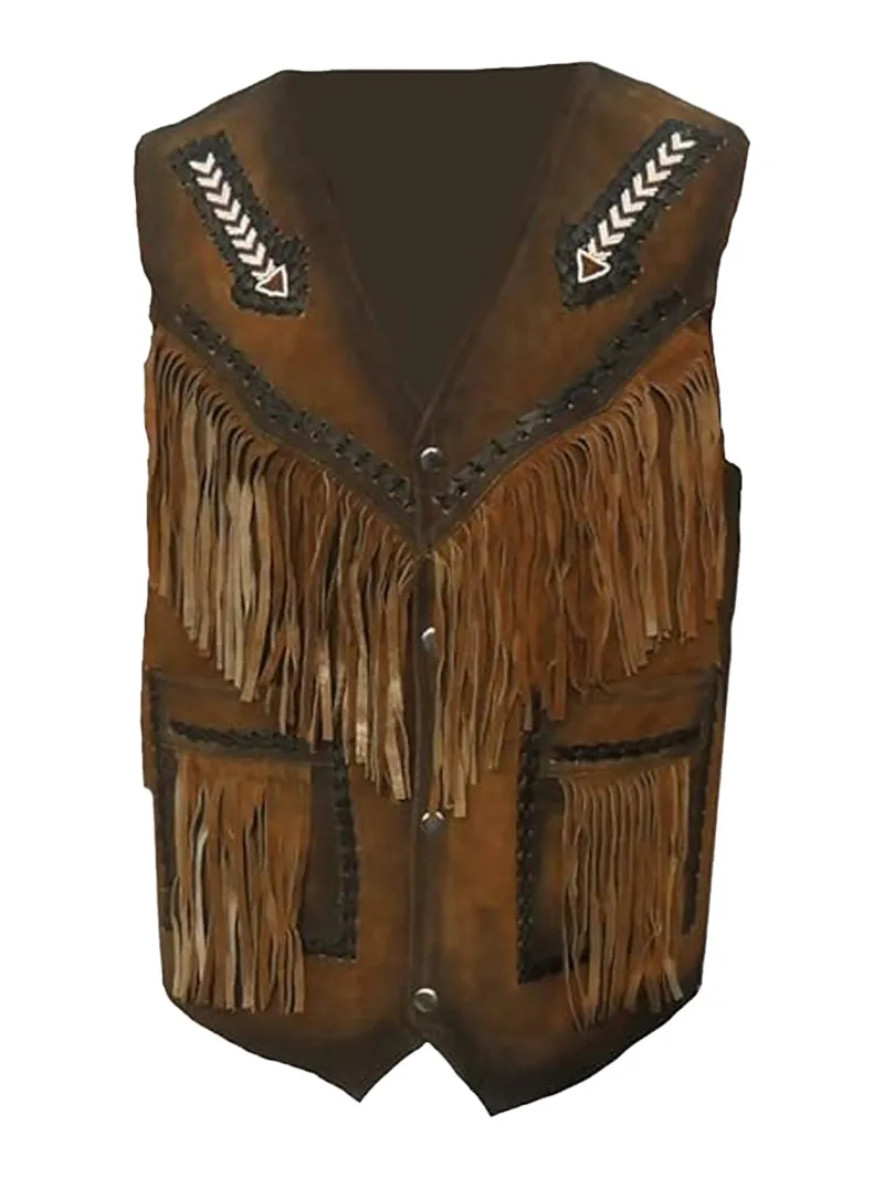 Men’s Western Leather Vest with Fringes (3) Mens Western Fringes Leather Vest