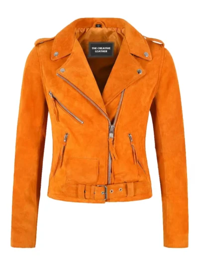 BRANDO Leather Jacket Tangerine Suede Fitted Biker Style