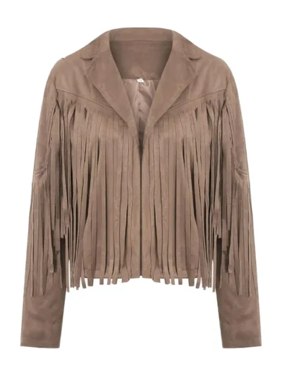 Womens Vintage Cropped Suede Fringe Jacket
