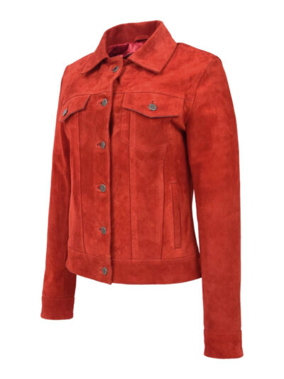 Women Trucker Red Suede Leather Jacket