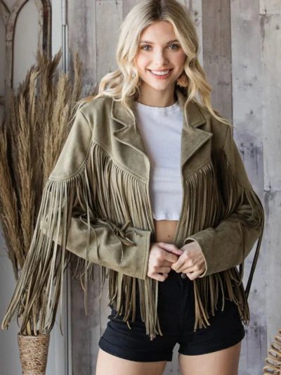Olive Green Suede Fringe Jacket
