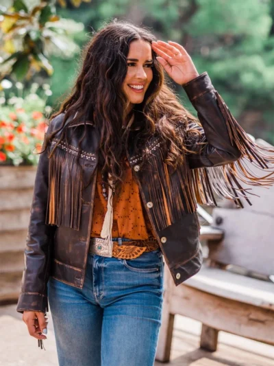 beautiful women wearing a fringe leather jacket