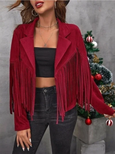 Fringe Leather Jacket for Women's - burgundy