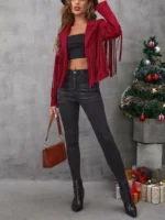 Western Suede Leather Fringed - Burgundy