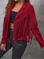 Fringe Leather Jacket for Women's - burgundy