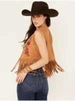 Women's Embroidered Rose Suede Fringe Vest