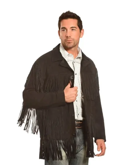 Mens Black Suede Fringe Western Jacket