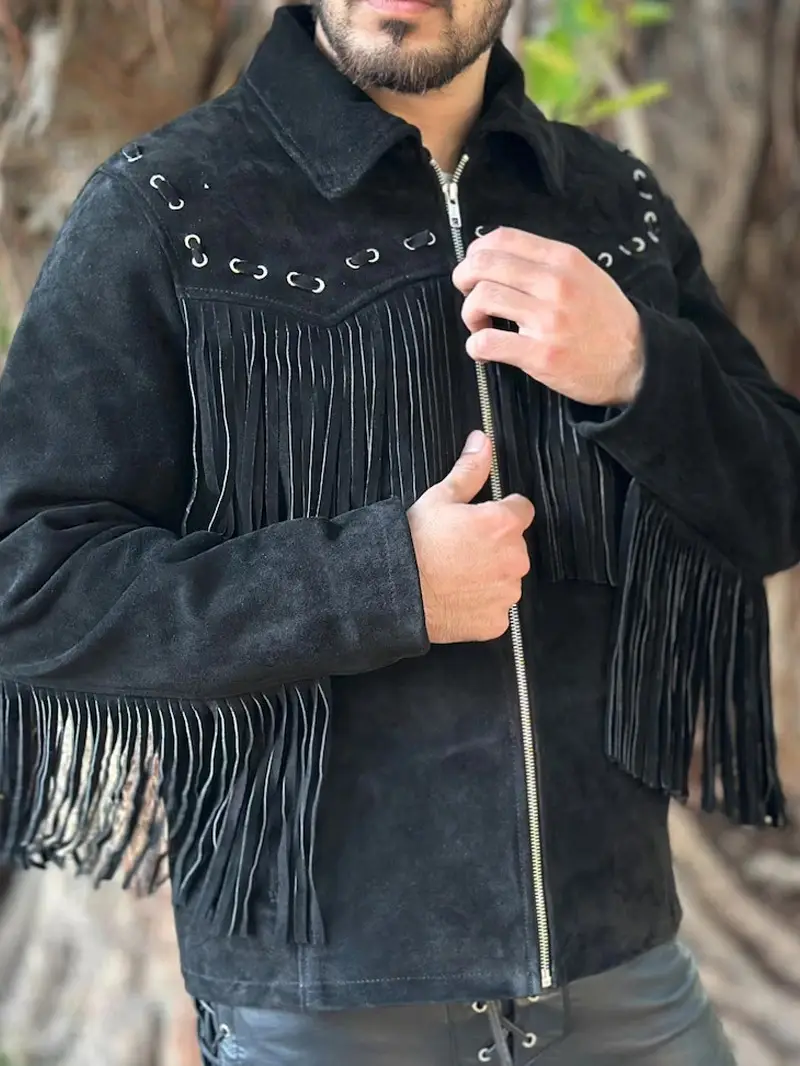 Men's Black Western Style Suede Leather Fringe Jacket (1) Men's Black Western Style Suede Leather Fringe Jacket (1)