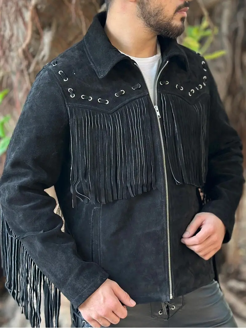 Men's Black Western Style Suede Leather Fringe Jacket (2) Mens Black Western Style Suede Leather Fringe Jacket 2 - Suede Fringe Jackets