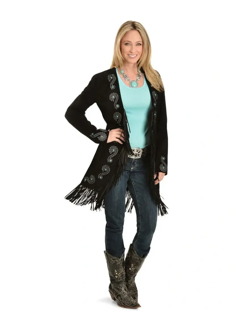 Scully Womens Embroidered Fringe Long Suede Leather Jacket 2 Scully Women's Embroidered Fringe Long Suede Leather Jacket