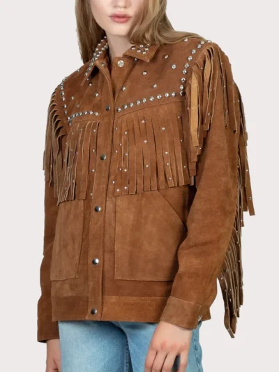 BROWN STUEDDED FRINGE LEATHER JACKET
