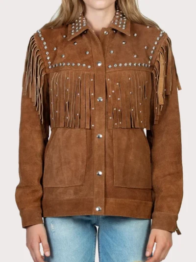 BROWN STUEDDED FRINGE LEATHER JACKET