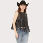 Blue B Women's Faux Leather Bandana Laser Cut Fringe Vest