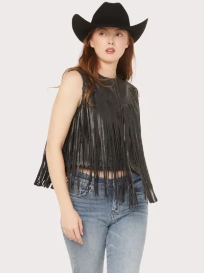 Blue B Women's Faux Leather Bandana Laser Cut Fringe Vest